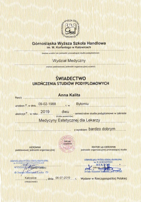 Certificate of Dr. Anna Śnieżek
